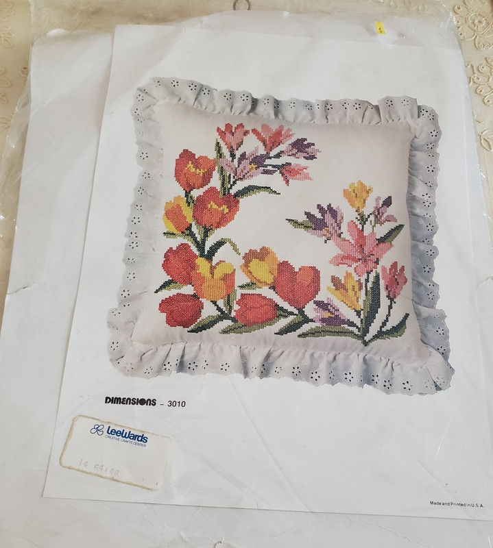 Vtg Dimensions Stamped Cross Stitch Pillow Kit 3010, Tulips and Lace