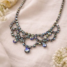 Vintage Aurora Borealis Crystal Rhinestone Statement Necklace Bridal Jewelry