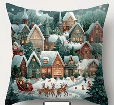 Beautiful Winter Village Scene Christmas Or Everyday Throw Pillow Cover 18”
