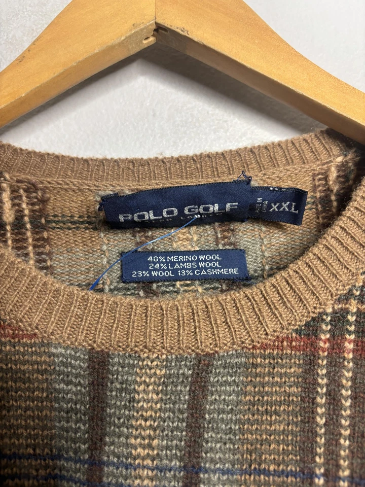 Мужской свитер Polo Golf Ralph Lauren 2XL в клетку шерсть мериноса кашемир с круглым вырезом - Изображение 3 из 4