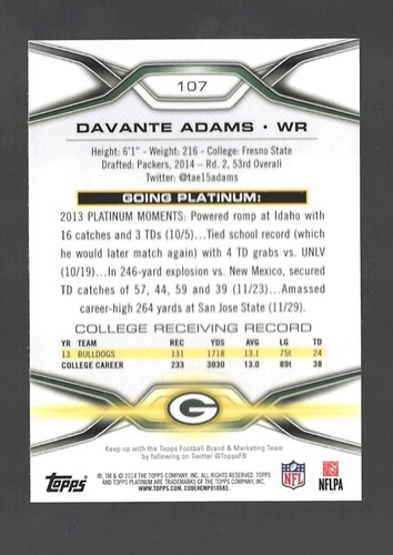 2014 DAVANTE ADAMS ROOKIE TOPPS PLATINUM #107 REFRACTOR LOS ANGELES ...