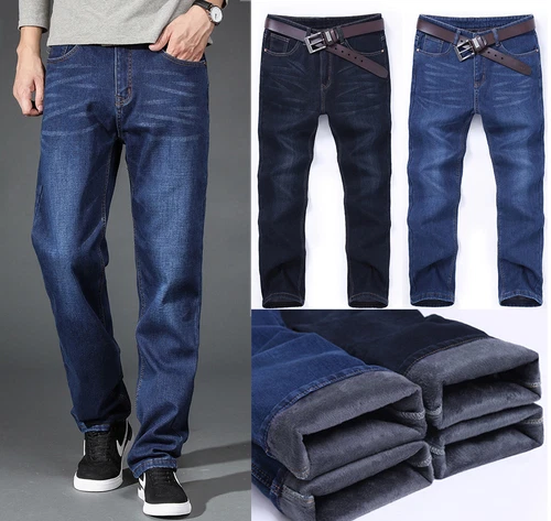 Hombre Invierno Grueso Térmico Jeans Forrado de Vellón Denim Pantalones Algodón Cálidos Pantalones - Imagen 3 de 17