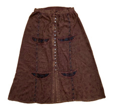 VINTAGE BROWN EMBROIDERED HIPPIE FESTIVAL SKIRT, FRONT BUTTON, M/L 34" LONG