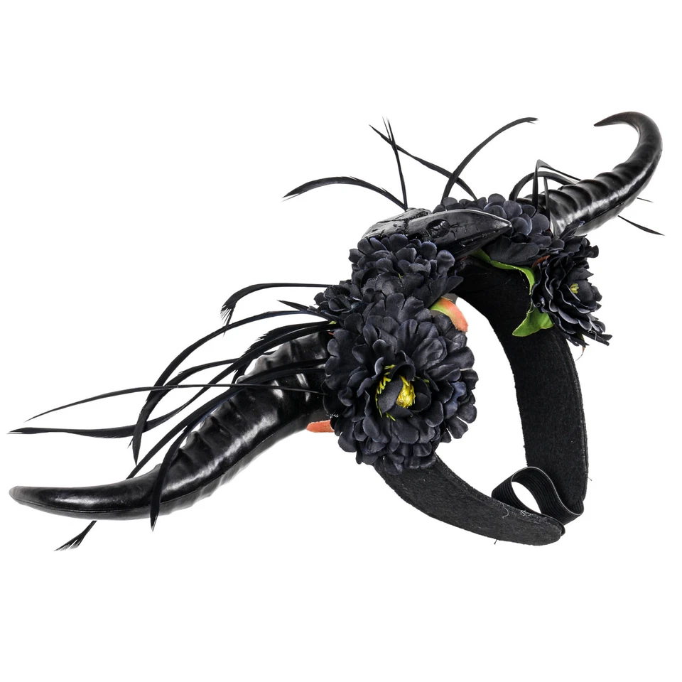 Diadema de cuerno de hadas con diseño de calavera y flores de pájaro para disfraces de mujer Foto 4 de 4