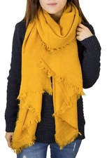 Mustard Solid Cashmere Blend Fringed Unisex Wrap Scarf