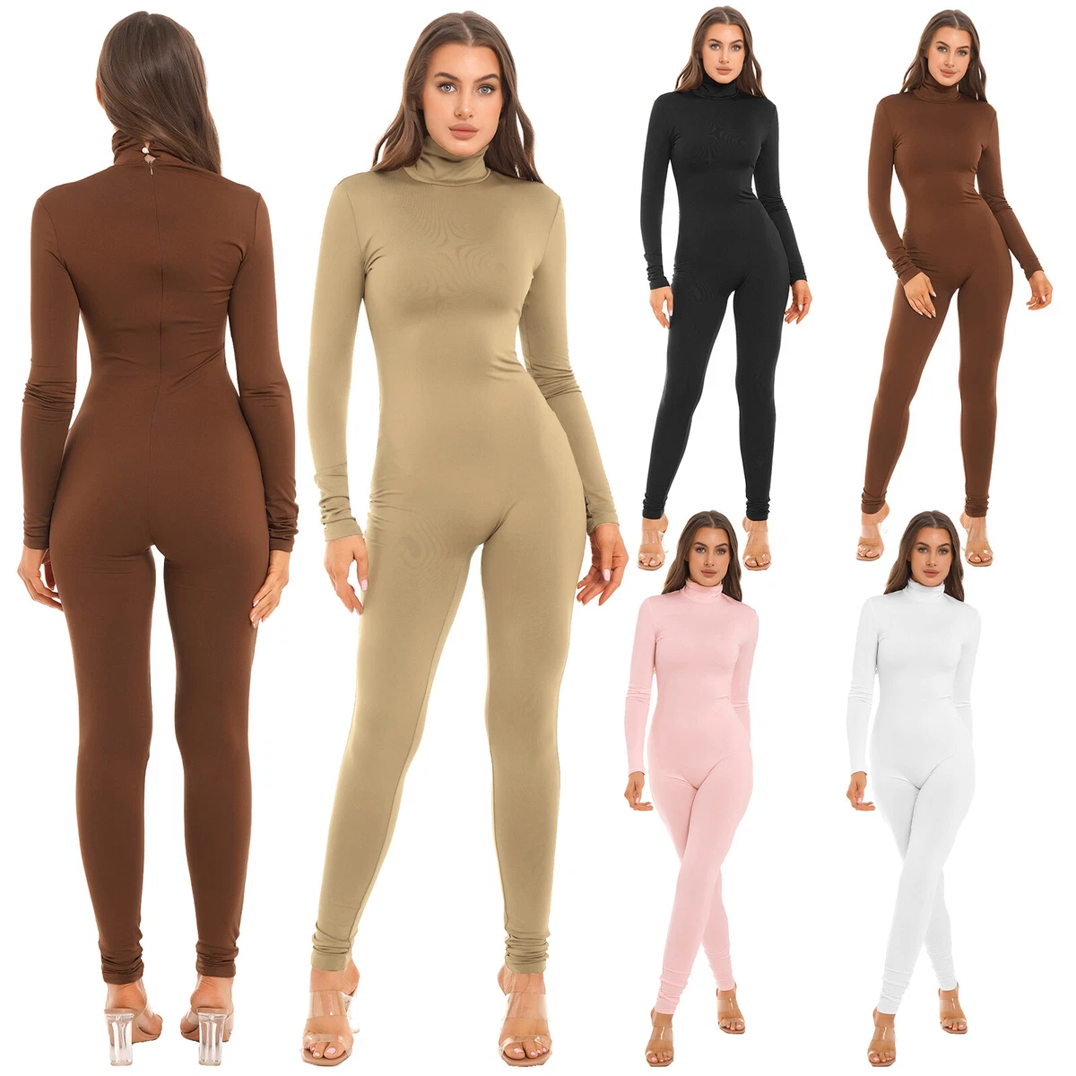 Women's One Piece Unitard Bodysuit Long Sleeves Turtleneck Full Bodycon  Jumpsuit