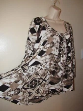 Style & Co Womens XL Brown Printed Button Up Cinched Sleeves Artsy Tunic Top