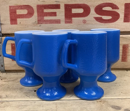 SET OF 5 Vtg Anchor Hocking Blue Milk Glass Pebbled Textured Irish Pedestal Mugs