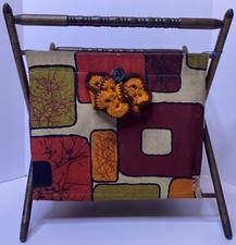 Folding Wood Wool Knitting Yarn Caddy Handmade Sewing Basket Vintage Orange