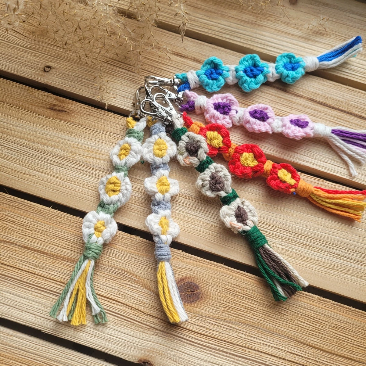 Handmade Macrame Custom Daisy Keychain Key Holder Bag Charm Handcrafted in MI
