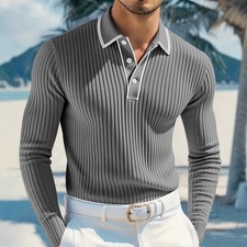 Men's Stripes Long Sleeve Fashion POLO Shirt Classic Casual Baggy Shirts