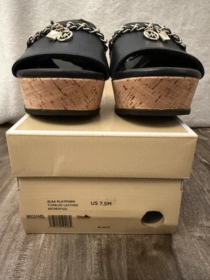 Michael Kors Elsa Platform Black Tumbled Leather Logo Chain US 7.5M