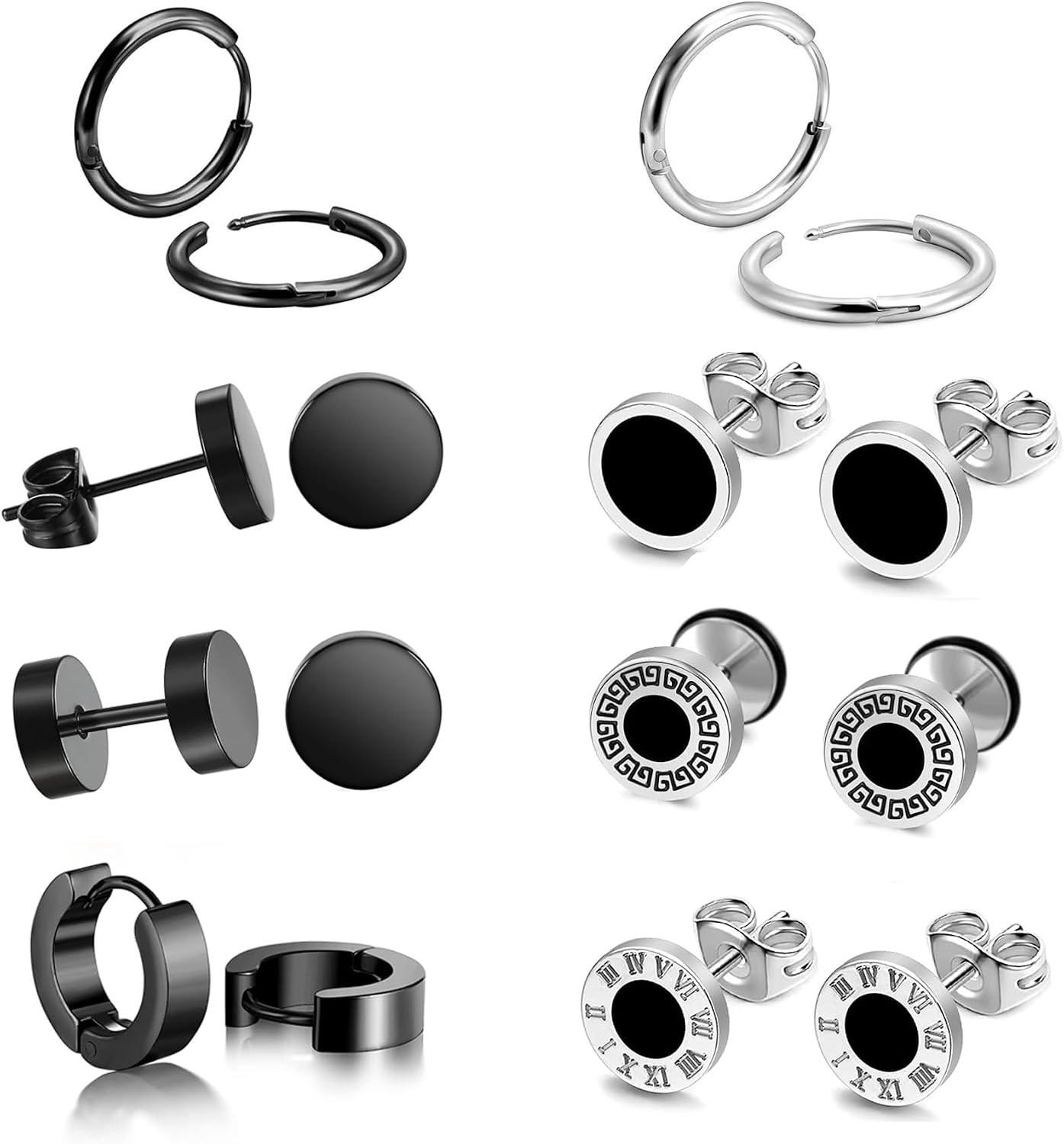 8 pares de pendientes negros para hombre, pendientes Aretes De Hombre de acero inoxidable