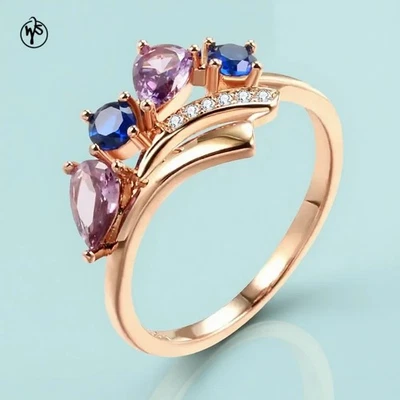 Fingerring WseSto 585 vergoldet Roségold Blau Lila Zirkonia Kristall Reihe - Bild 1 von 4