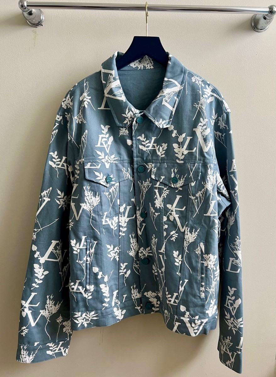 Authentic Louis Vuitton LV Leaf Print Blue & White Denim Jacket Size 50 View 2