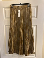 NWT Eileen Fisher Bronze Crushed Silk Crinkled Pleated Long Skirt XXS 248