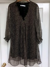 Zara Ladies Chiffon Blk/Brown Dotty Long Sleeve Dress Medium Preowned Good