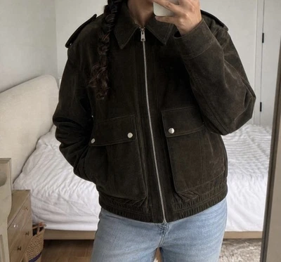 Zara Wildlederjacke 100% Leder Neu mit Etikett Olivgrün Gr. L Oversized - Bild 1 von 4