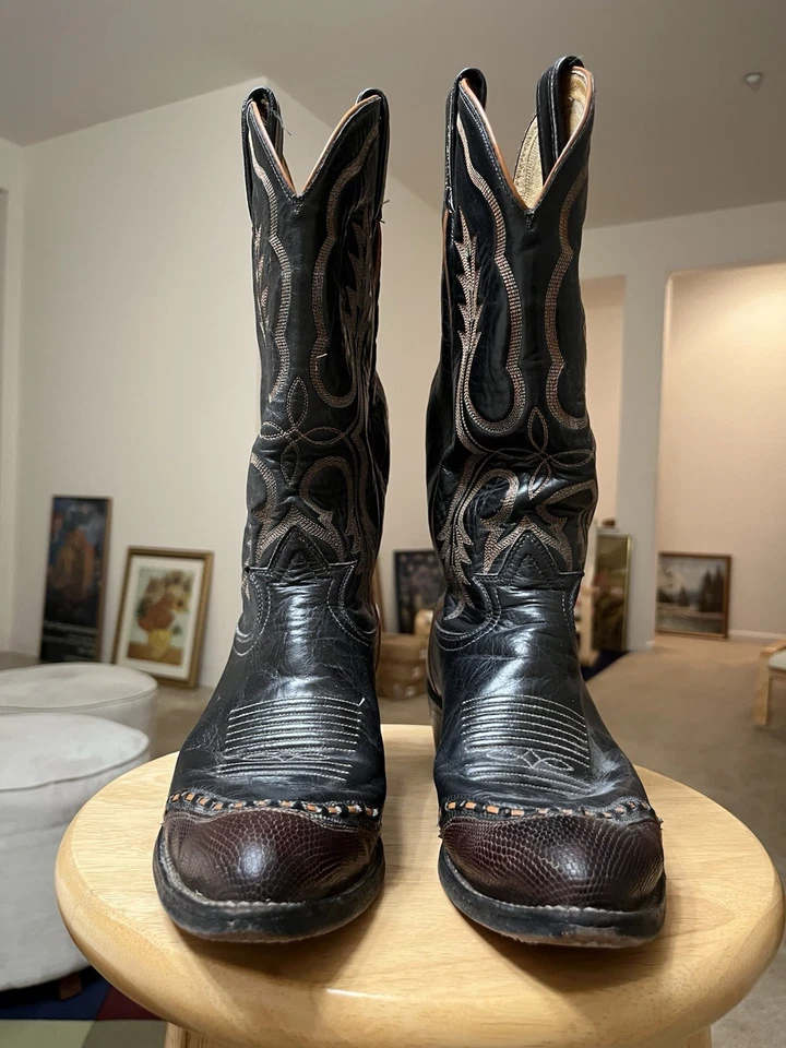 Botas ocidentais femininas Tony Lama 2830 marrom/preto EUA couro pele de réptil US7B - Imagem 2 de 4