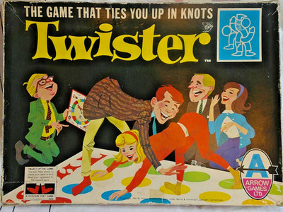 Vintage Milton Bradley 1966 klassisches Twister-Spiel Familienspaß vollständig gebundene Knoten