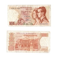 1966 Belgium 50 Francs Banknote – King Baudouin & Queen Fabiola – Circulated