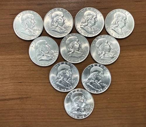 Ten (10) 1958-D Franklin Half Dollars - Uncirculated - 90% SILVER - Half Roll
