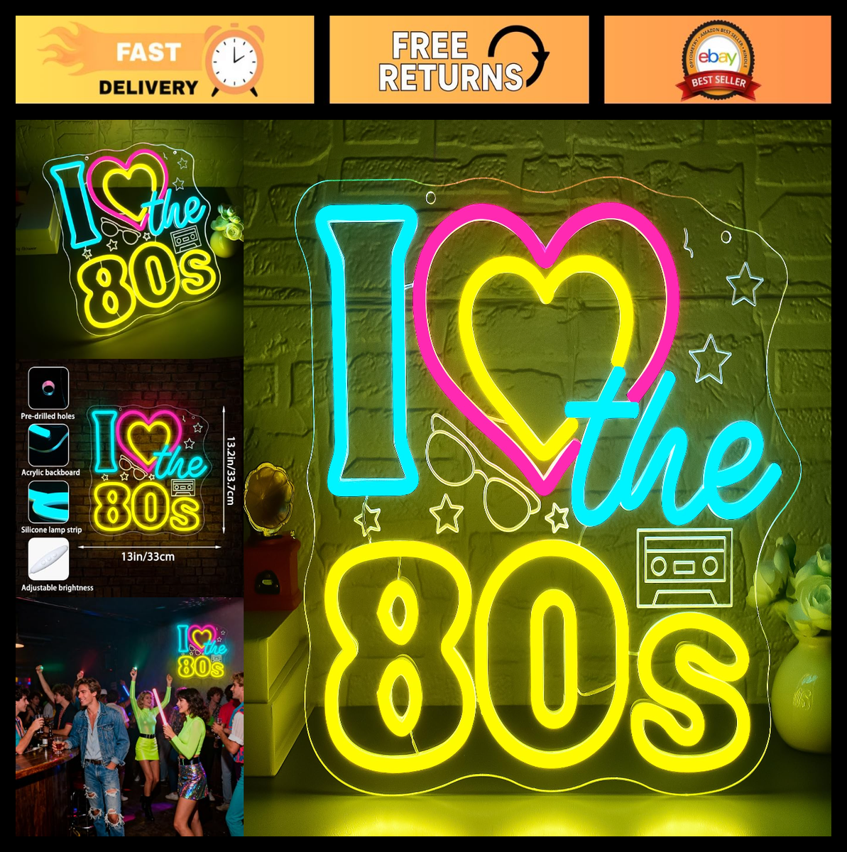 80's Neon Wall Sign - Dimmable LED Light for Party Decor, Vintage