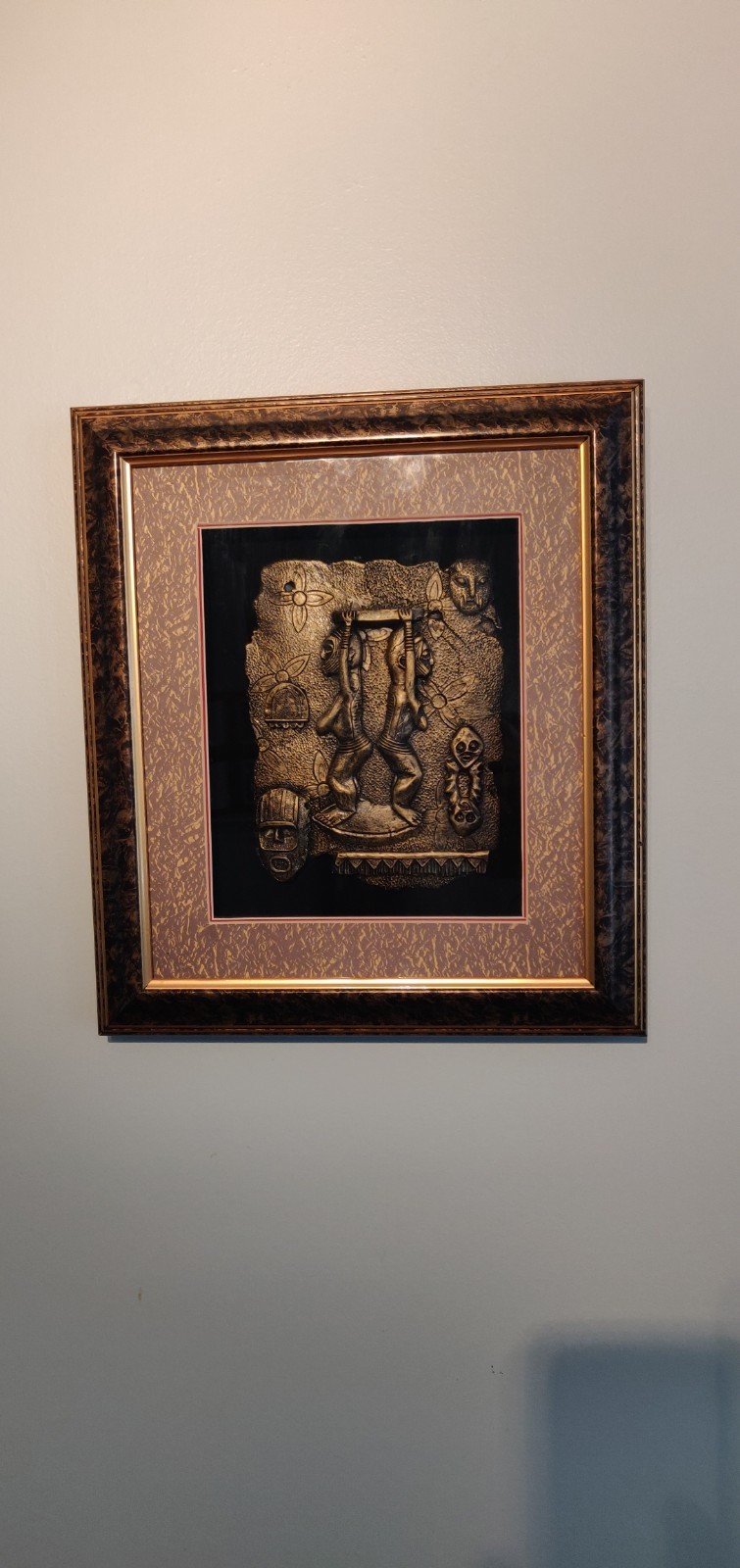 Antique nigerian benin bronze relief art plaque framed 19th century