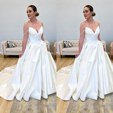 Simple Wedding Dresses Off Shoulder Satin A Line Sweep Train Bridal Gowns