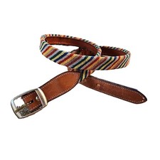 Vintage 80s Unisex Leather Striped Tapestry Belt Small 33" Boho Festival Retro
