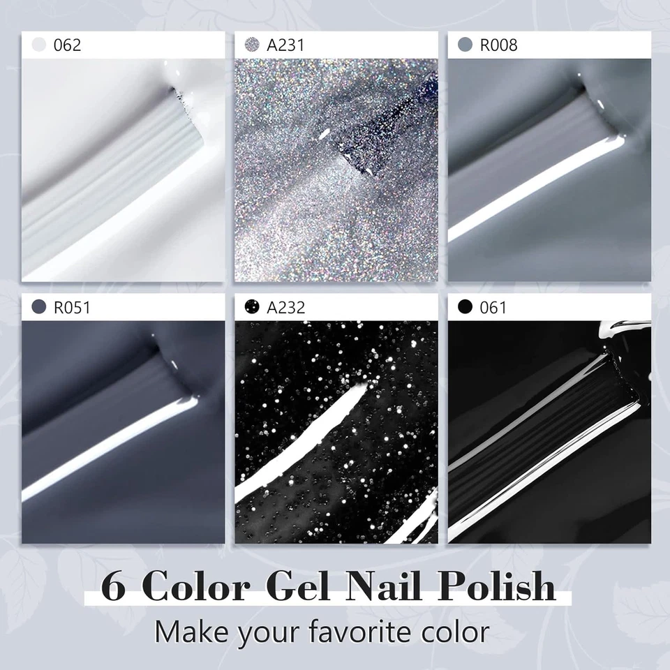 Smalto Semipermanente Unghie Nero,6 Colori Bianco Latte Grigio Nero Glitter Smal - Immagine 2 di 4