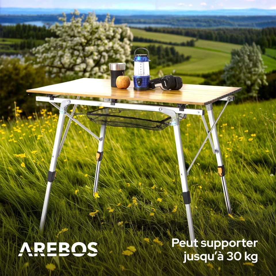 AREBOS Table de camping 120 x 70 cm Table à roulettes en aluminium Table pliante - Photo 4/4