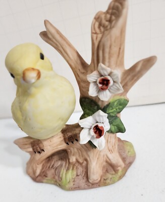 Baby Yellow Bird Figurine On A Branch White Flowers Ceramic Taiwan 4''