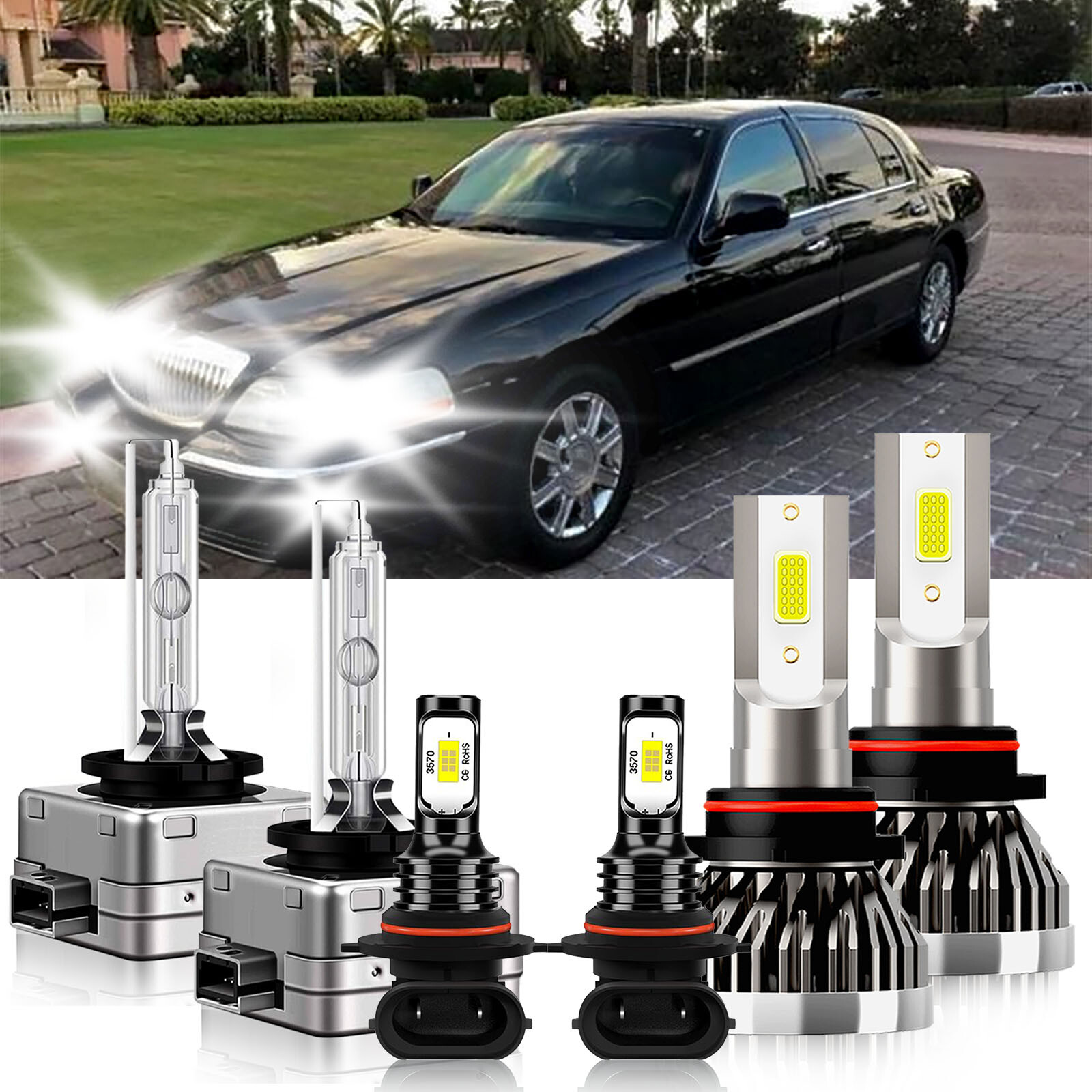 For Lincoln Town Car 2003-2011 6x LED HID Headlight Hi/Lo Bulb+Fog Lamp 6000K