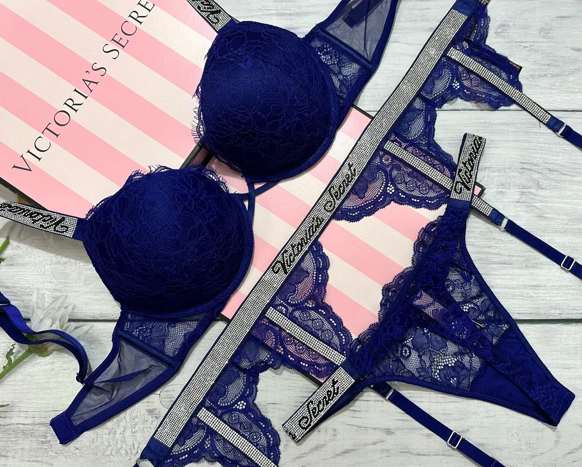 Victoria’s Secret Lace Rhinestone Shine Strap Push-Up 3 PCS Bra Set Violet