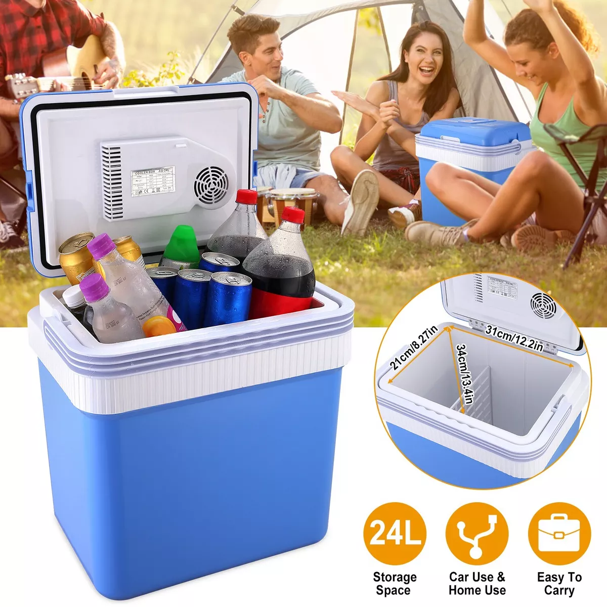 24L Portable Car Cooler Box 12V Car Refrigerator Travel Cooling Warmer  Fridge