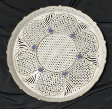 Vintage Luca Decorative Ceramic Basket Weave Plate White w/ Gold Trim Floral