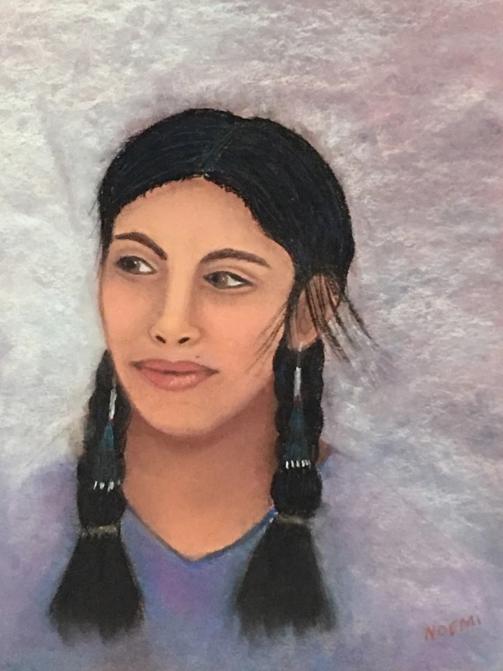 Atractiva Mujer NATIVA AMERICANA - Arte Forastero Original - Dibujo Pastel NOEMI Foto 2 de 4