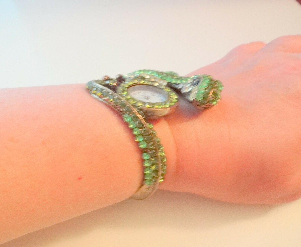 Vtg Green Rhinestone Hidden Lizard Bangle Clamper Watch 