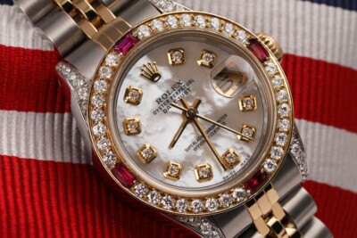 Rolex Datejust 26 White Mother Of Pearl Diamond Dial with Ruby & Diamond Bezel