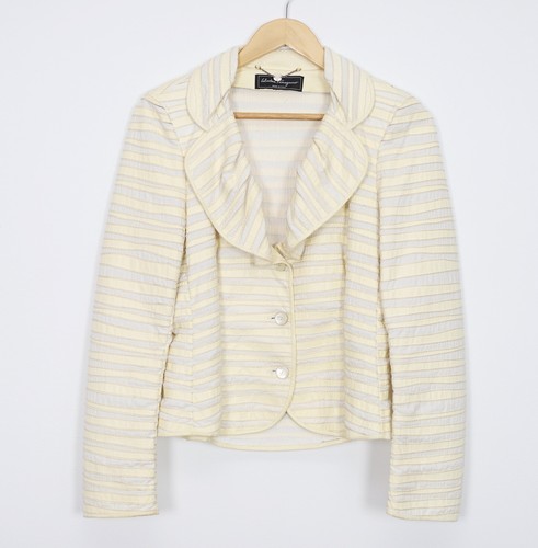 Salvatore Ferragamo Damen Beige Weiß Leder Baumwolle Gestreifte Blazer Jacke