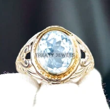 Aquamarine Oval Cut Gemstone With 925 Sterling Silver Ring For Men's #A176 *