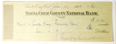 1923 Santa Cruz County National Bank California Check RARE CA. LOT  FREE SHIP