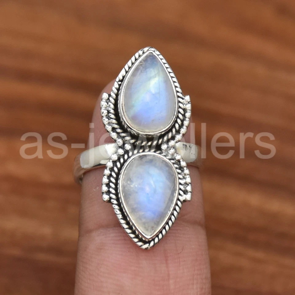 925 Sterling Silver, Indian Ring, Dual Gems Ring, Moonstone Jewelry for Girls - Image 2 of 3