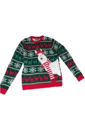 Pom Pom Hat Scarf Wearing Llama Christmas Sweater Size L