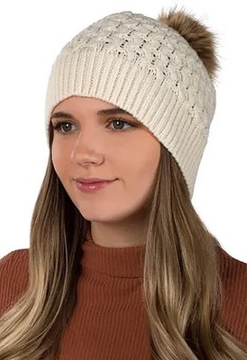 New HSN Patricia Nash Knit Beanie w/ Faux Fur Pompom, Ecru