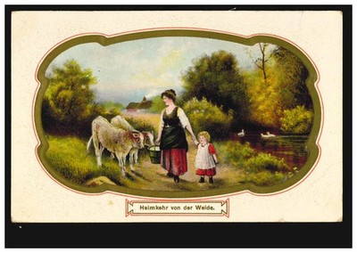 Embossed Card Animals: Homecoming from Pasture Cattle Cows Ducks, May 29, 1910
