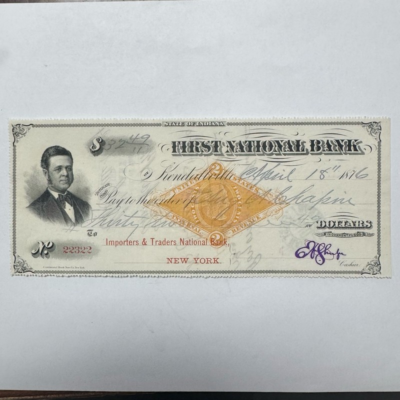 1876 State of Indiana Fiscal Check $32.40 First National Bank New York