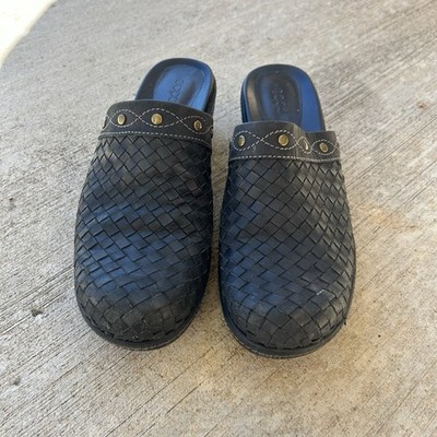 Ecco Woven Black Leather Siip On Clogs EUR 38 US 7.5 Open Back Mules