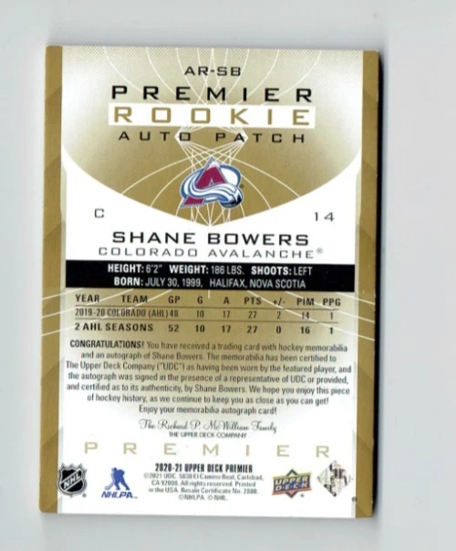 2020 Upper Deck Premier Acetate Rookie Gold /65 Shane Bowers RPA Patch Auto RC - Image 2 of 2